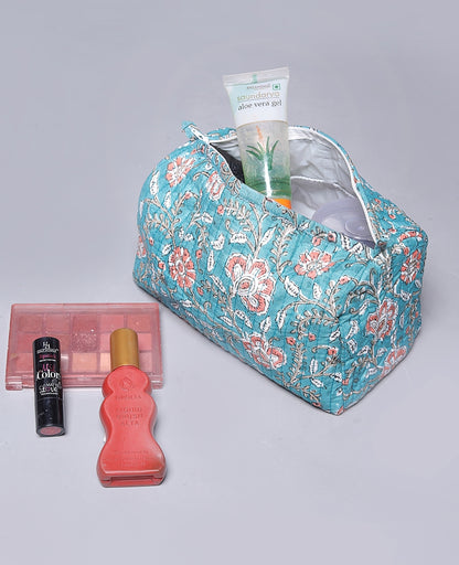 ENGLISH GARDEN FLORAL HAND BLOCK COTTON PRINTED QUILTED TOILETRY & MAKEUP POUCH
