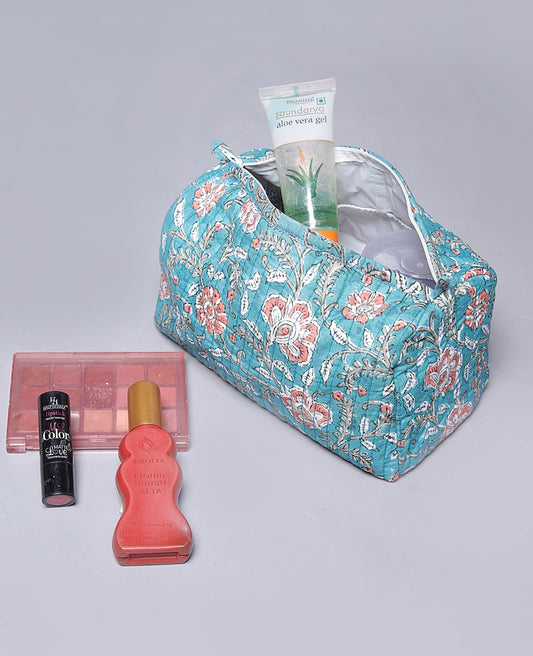 ENGLISH GARDEN FLORAL HAND BLOCK COTTON PRINTED QUILTED TOILETRY & MAKEUP POUCH