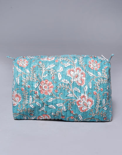 ENGLISH GARDEN FLORAL HAND BLOCK COTTON PRINTED QUILTED TOILETRY & MAKEUP POUCH