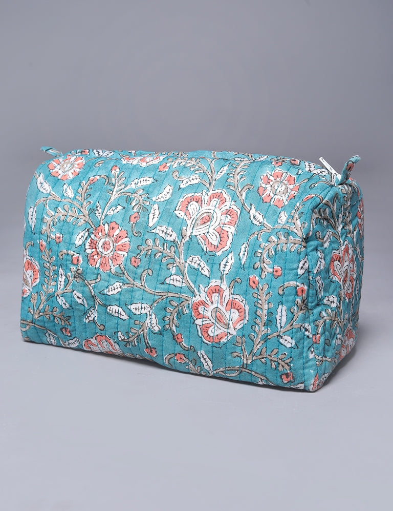 ENGLISH GARDEN FLORAL HAND BLOCK COTTON PRINTED QUILTED TOILETRY & MAKEUP POUCH