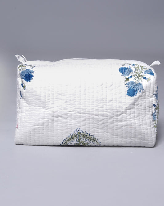 INDIGO EARTH LOTUS HAND BLOCK COTTON PRINTED QUILTED TOILETRY & MAKEUP POUCH