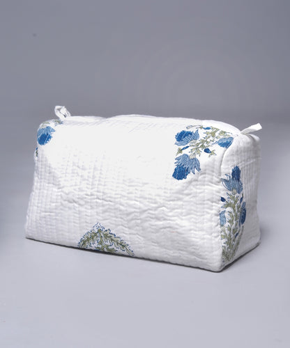 INDIGO EARTH LOTUS HAND BLOCK COTTON PRINTED QUILTED TOILETRY & MAKEUP POUCH