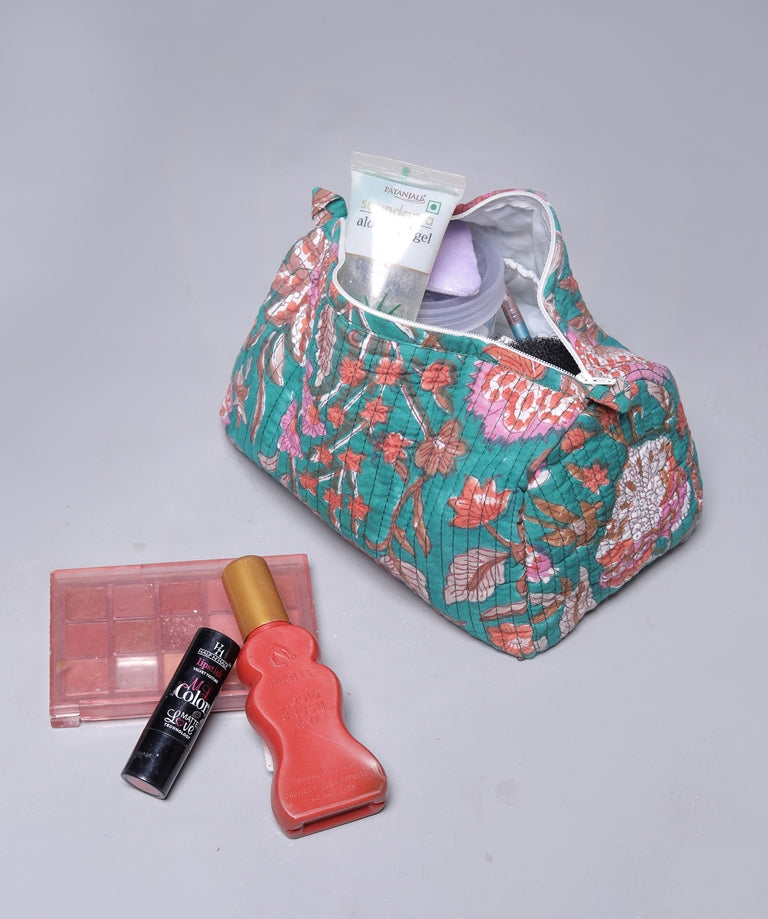 TEAL BOTANICAL FLORAL JAAL HAND BLOCK COTTON PRINTED QUILTED TOILETRY & MAKEUP POUCH