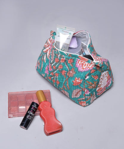 TEAL BOTANICAL FLORAL JAAL HAND BLOCK COTTON PRINTED QUILTED TOILETRY & MAKEUP POUCH