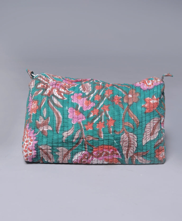 TEAL BOTANICAL FLORAL JAAL HAND BLOCK COTTON PRINTED QUILTED TOILETRY & MAKEUP POUCH