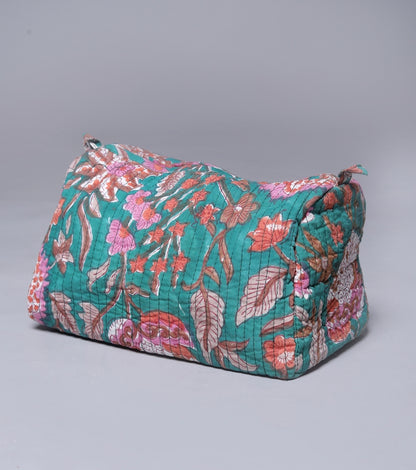 TEAL BOTANICAL FLORAL JAAL HAND BLOCK COTTON PRINTED QUILTED TOILETRY & MAKEUP POUCH