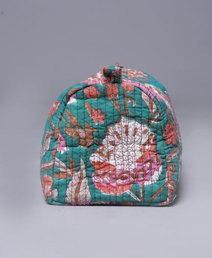 TEAL BOTANICAL FLORAL JAAL HAND BLOCK COTTON PRINTED QUILTED TOILETRY & MAKEUP POUCH