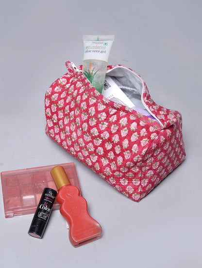 RED KETCHU HAND BLOCK COTTON PRINTED QUILTED TOILETRY & MAKEUP POUCH