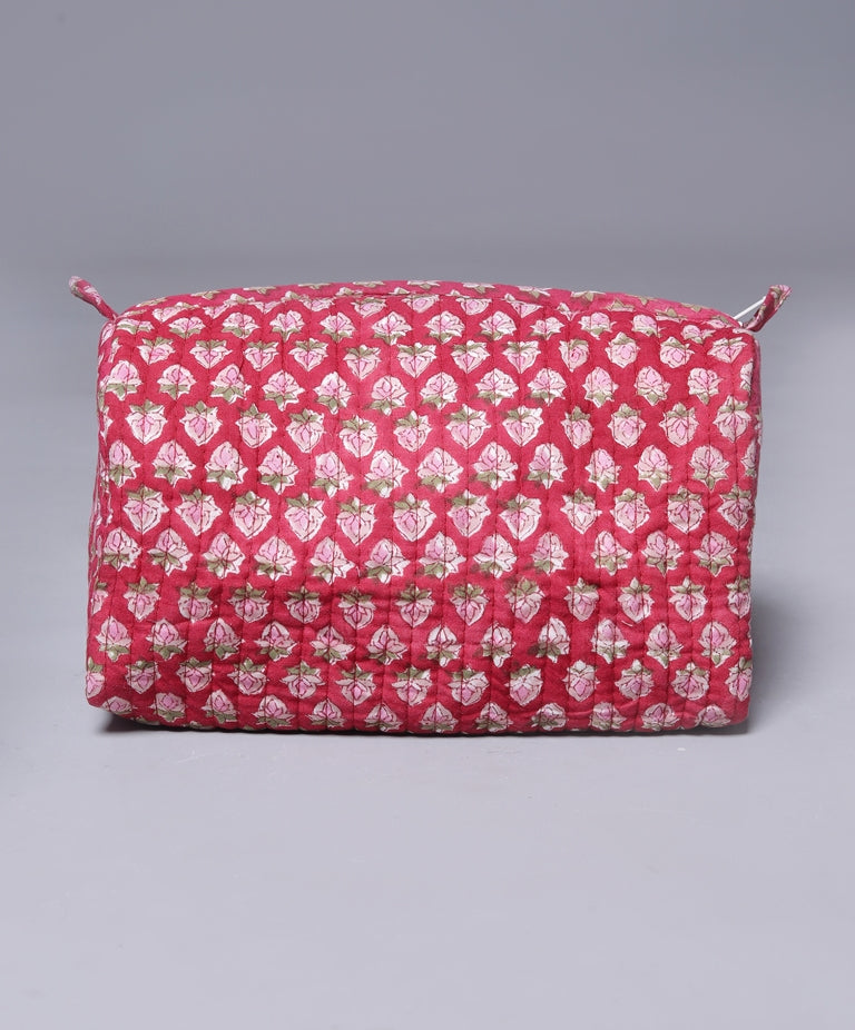 RED KETCHU HAND BLOCK COTTON PRINTED QUILTED TOILETRY & MAKEUP POUCH