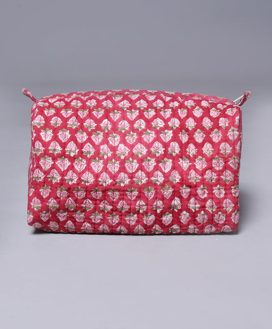 RED KETCHU HAND BLOCK COTTON PRINTED QUILTED TOILETRY & MAKEUP POUCH