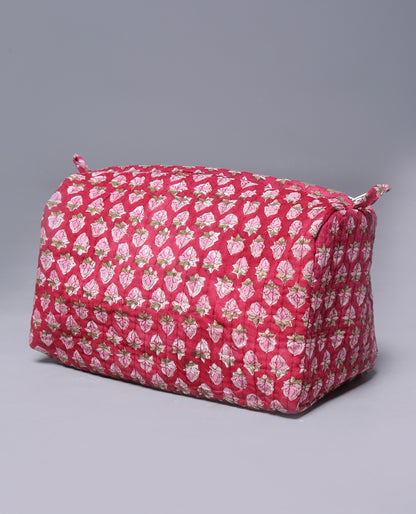 RED KETCHU HAND BLOCK COTTON PRINTED QUILTED TOILETRY & MAKEUP POUCH