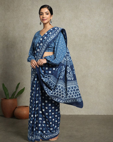 HAND BLOCK COTTON PRINTED SQUAREBOX INDIGO SAREE