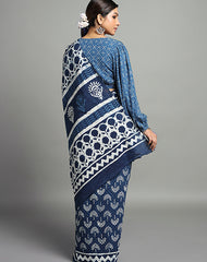 TAMARIND COTTON HAND BLOCK INDIGO PRINTED SAREE WITH BLOUSE