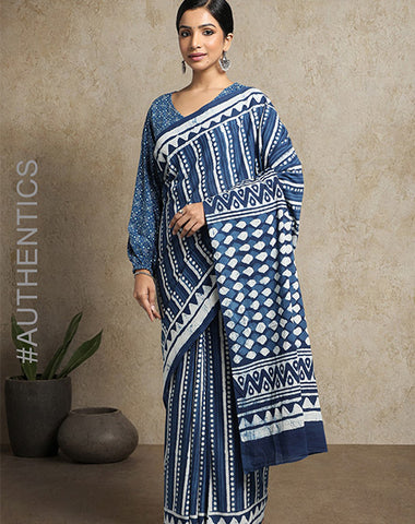 AEGLE COTTON HAND BLOCK INDIGO PRINTED SAREE WITH BLOUSE