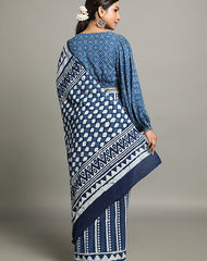 AEGLE COTTON HAND BLOCK INDIGO PRINTED SAREE WITH BLOUSE