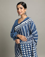 AEGLE COTTON HAND BLOCK INDIGO PRINTED SAREE WITH BLOUSE