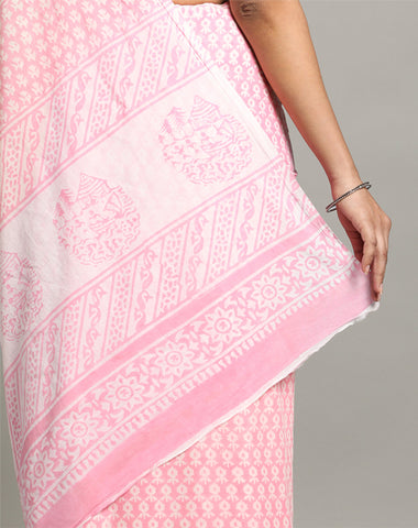 ETNIES HAND BLOCK COTTON SANGNAERI PRINTED SAREE WITH BLOUSE