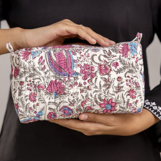 CHINTZ JAL _ 5 HAND BLOCK COTTON PRINTED QUILTED TOILETRY POUCH