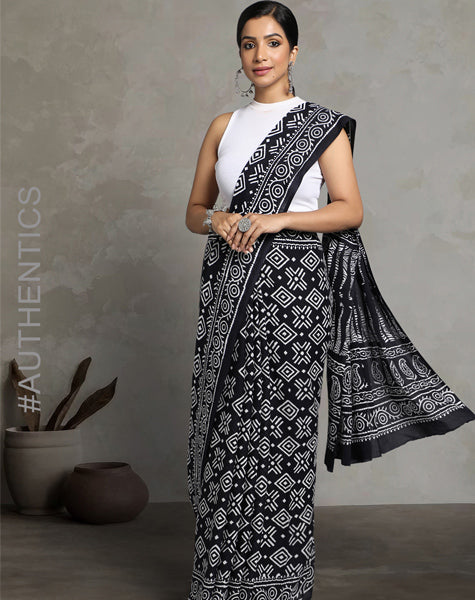 PARALLELOGRAM HAND BLOCK COTTON PRINTED SAREE WITH BLOUSE