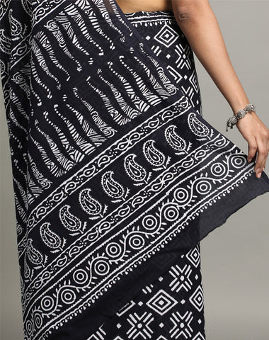 PARALLELOGRAM HAND BLOCK COTTON PRINTED SAREE WITH BLOUSE