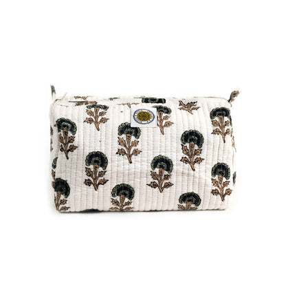 MUGHAL BUTTI FLOWER HAND BLOCK COTTON PRINTED QUILTED TOILETRY POUCH