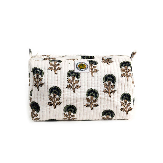 MUGHAL BUTTI FLOWER HAND BLOCK COTTON PRINTED QUILTED TOILETRY POUCH