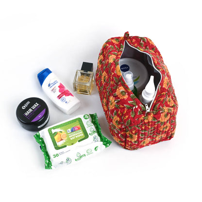 RED SPICE HAND BLOCK COTTON PRINTED QUILTED TOILTERY POUCH