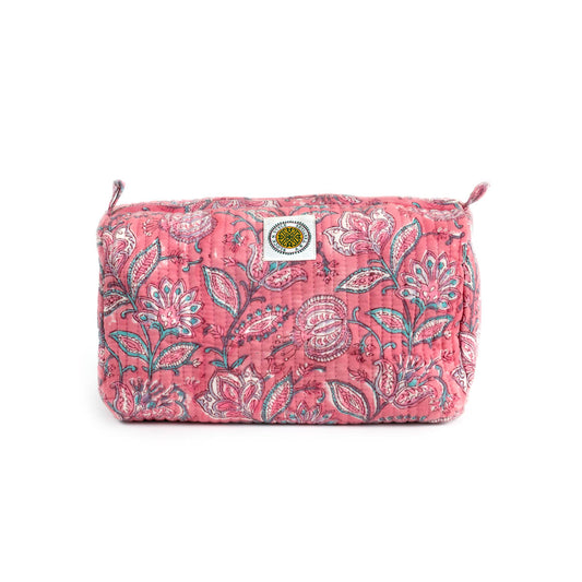 FUCHSIA JAL HAND BLOCK COTTON PRINTED QUILTED TOILTERY BAG