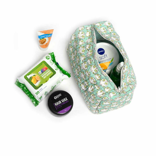 BEAR SHAPE HAND BLOCK COTTON PRINTED QUILTED TOILETRY POUCH