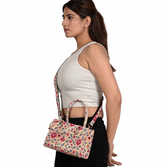 ROOH ROSE COTTON PRINTED TOTE WITH SLING BAG