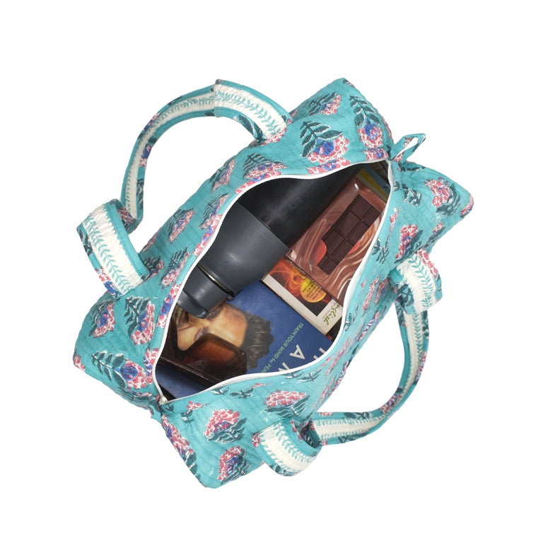 SNAKE CHARM GREEN HAND BLOCK PRINTED QUILTED TRAVEL MICRO DUFFLE BAG