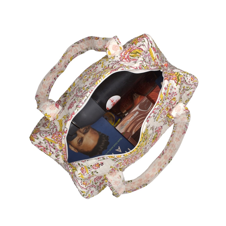 YELLOW SNEEZEWORT HAND BLOCK PRINTED QUILTED TRAVEL MICRO DUFFLE BAG