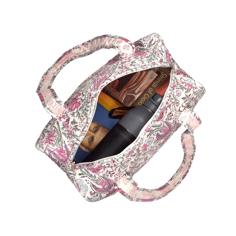 CHINTZ JAAL HAND BLOCK PRINTED QUILTED TRAVEL MICRO DUFFLE BAG