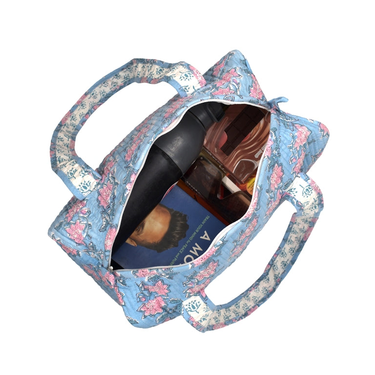 FLOATING WATER LILY IN OCEAN HAND BLOCK PRINTED QUILTED TRAVEL MICRO DUFFLE BAG