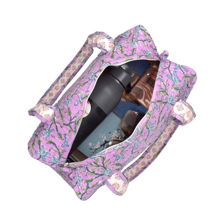 LAVENDER HAND BLOCK PRINTED QUILTED TRAVEL MICRO DUFFLE BAG