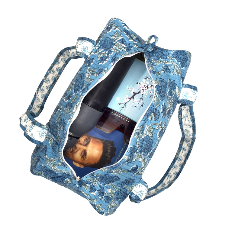 SIMILIA ROSE HAND BLOCK PRINTED QUILTED TRAVEL MICRO DUFFLE BAG