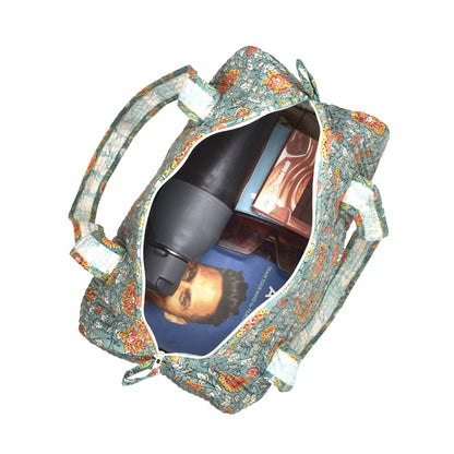 BLOSSOMING ROSES IN MOONSOON HAND BLOCK PRINTED QUILTED TRAVEL MICRO DUFFLE BAG