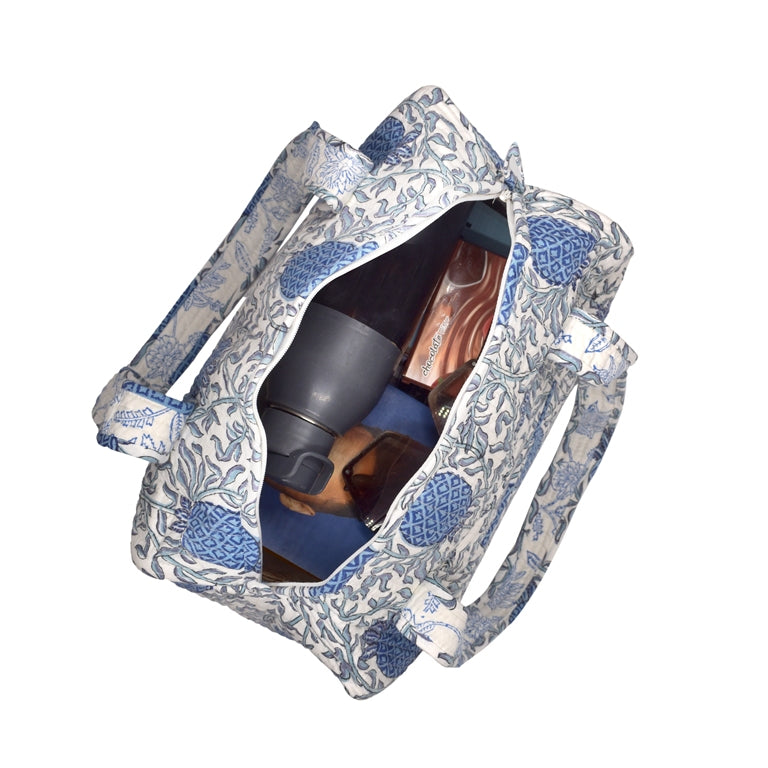 PINEAPPLE GARDEN HAND BLOCK PRINTED QUILTED TRAVEL MICRO DUFFLE BAG