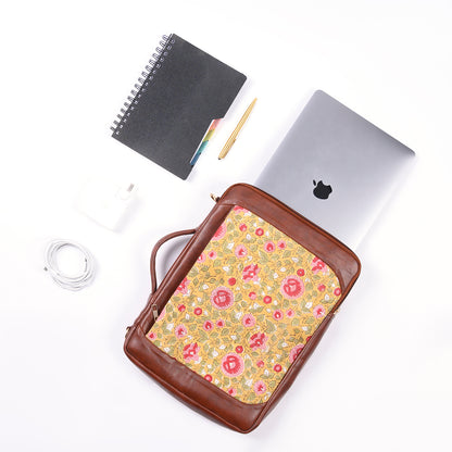 BLOSSOMING ROSES IN BASANT HAND BLOCK PRINTED & VEGAN LEATHER LAPTOP SLEEVE BAG 13″