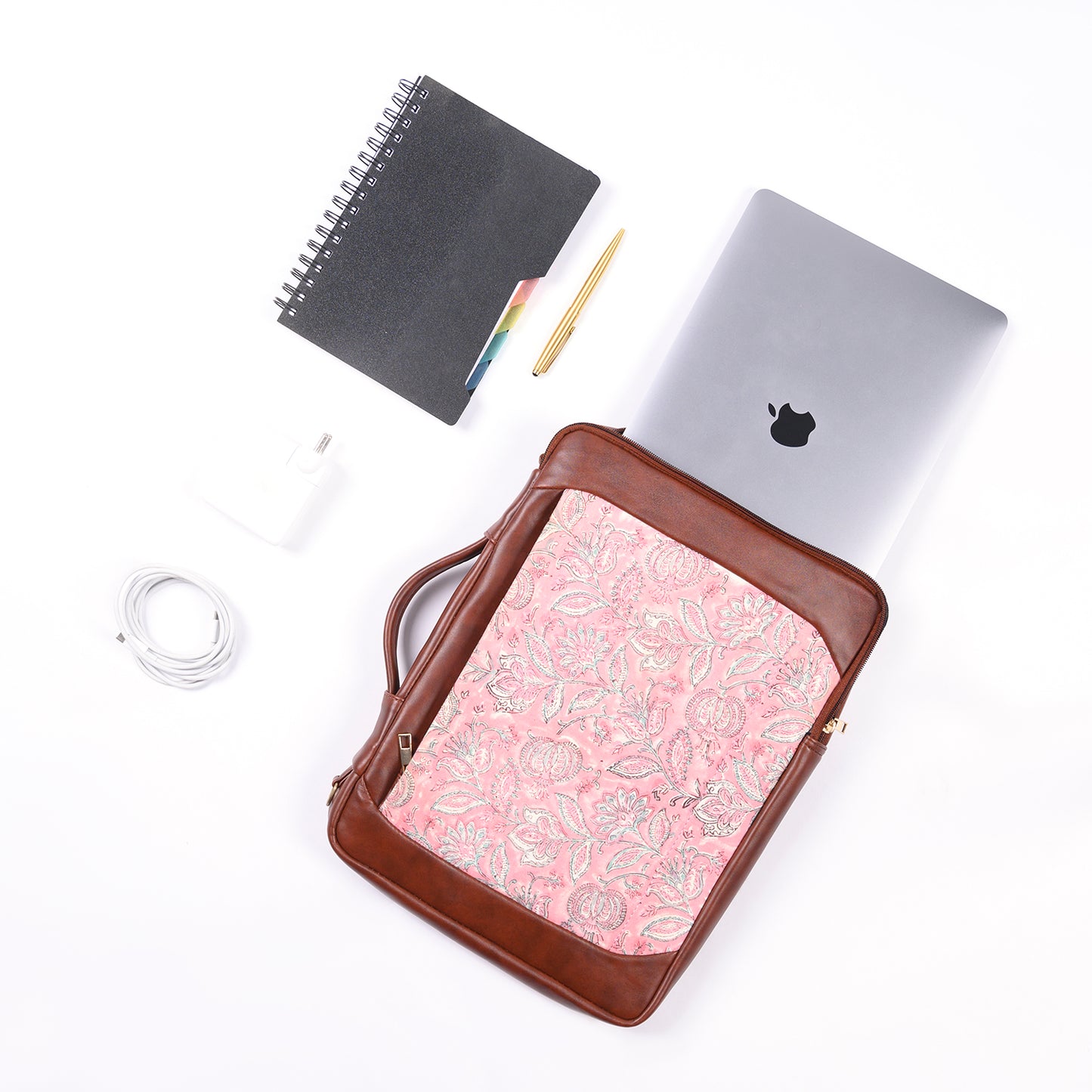 OPIUM POPPY JAAL_ HAND BLOCK COTTON PRINTED & VEGAN LEATHER  PINK LAPTOP SLEEVE 13″
