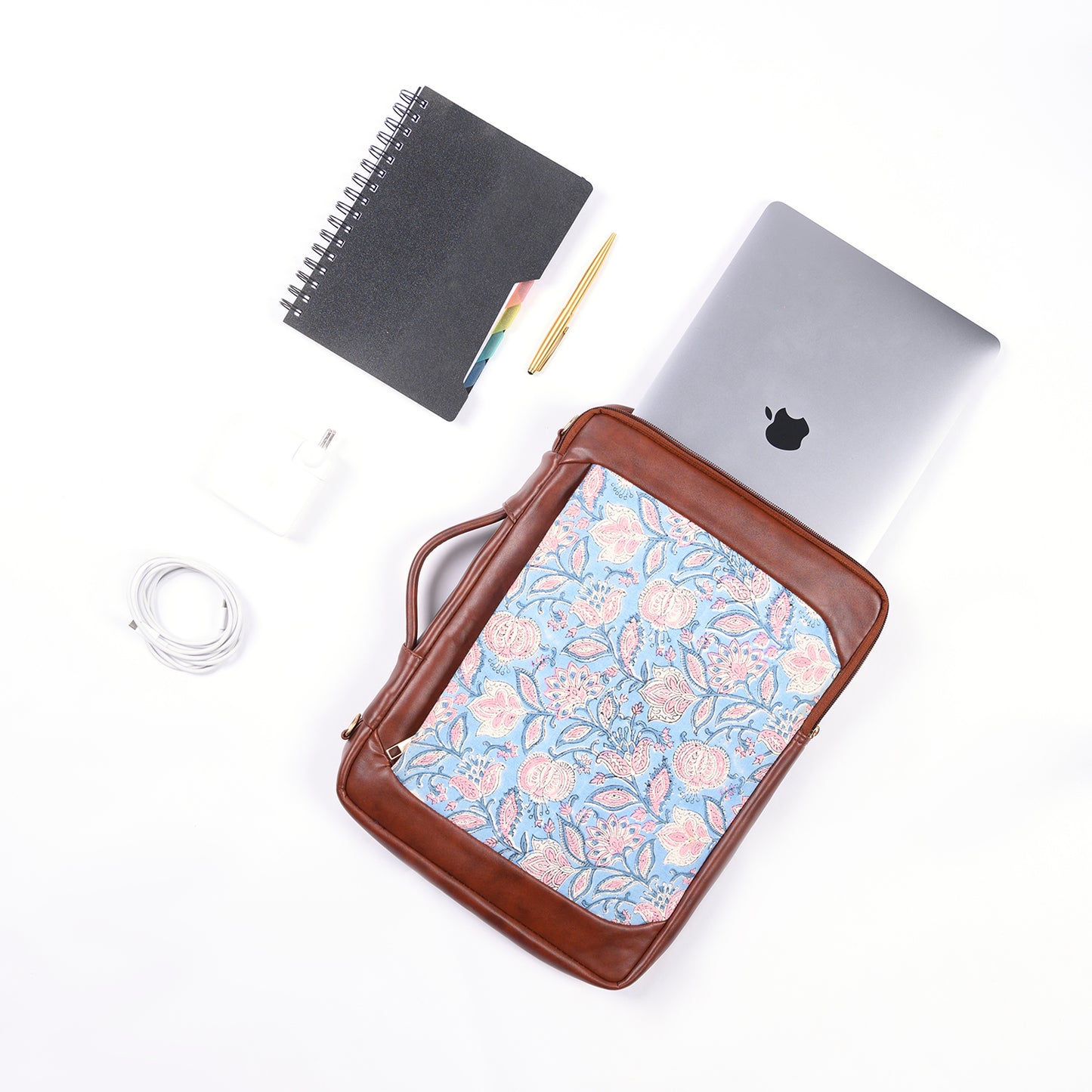 OPIUM POPPY JAAL  HAN BLOCK COTTON PRINTED & VEGAN LEATHER BLUE LAPTOP SLEEVE 13″