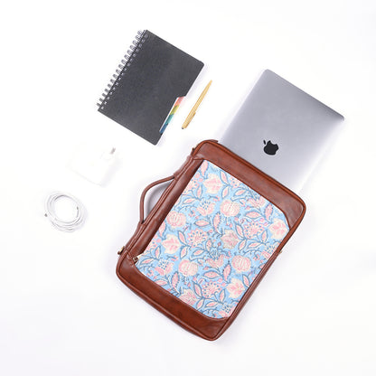 OPIUM POPPY JAAL  HAN BLOCK COTTON PRINTED & VEGAN LEATHER BLUE LAPTOP SLEEVE 13″