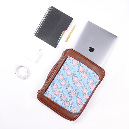 FLOATING WATER LILY IN OCEAN HAND BLOCK COTTON PRINTED & VEGAN LEATHER LAPTOP SLEEVE BAG 13″