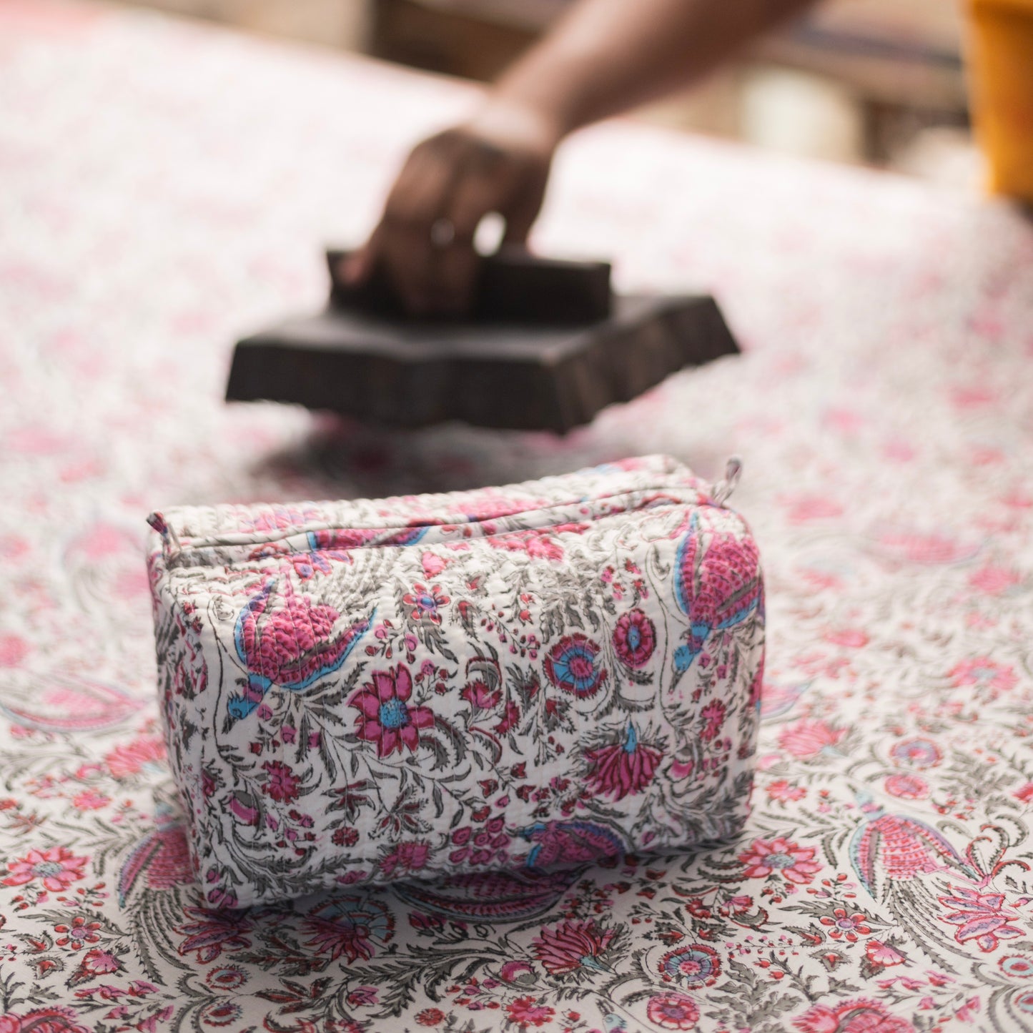CHINTZ JAL _ 5 HAND BLOCK COTTON PRINTED QUILTED TOILETRY POUCH