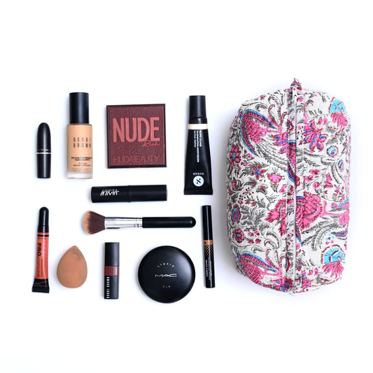 CHINTZ JAL _ 5 HAND BLOCK COTTON PRINTED QUILTED TOILETRY POUCH