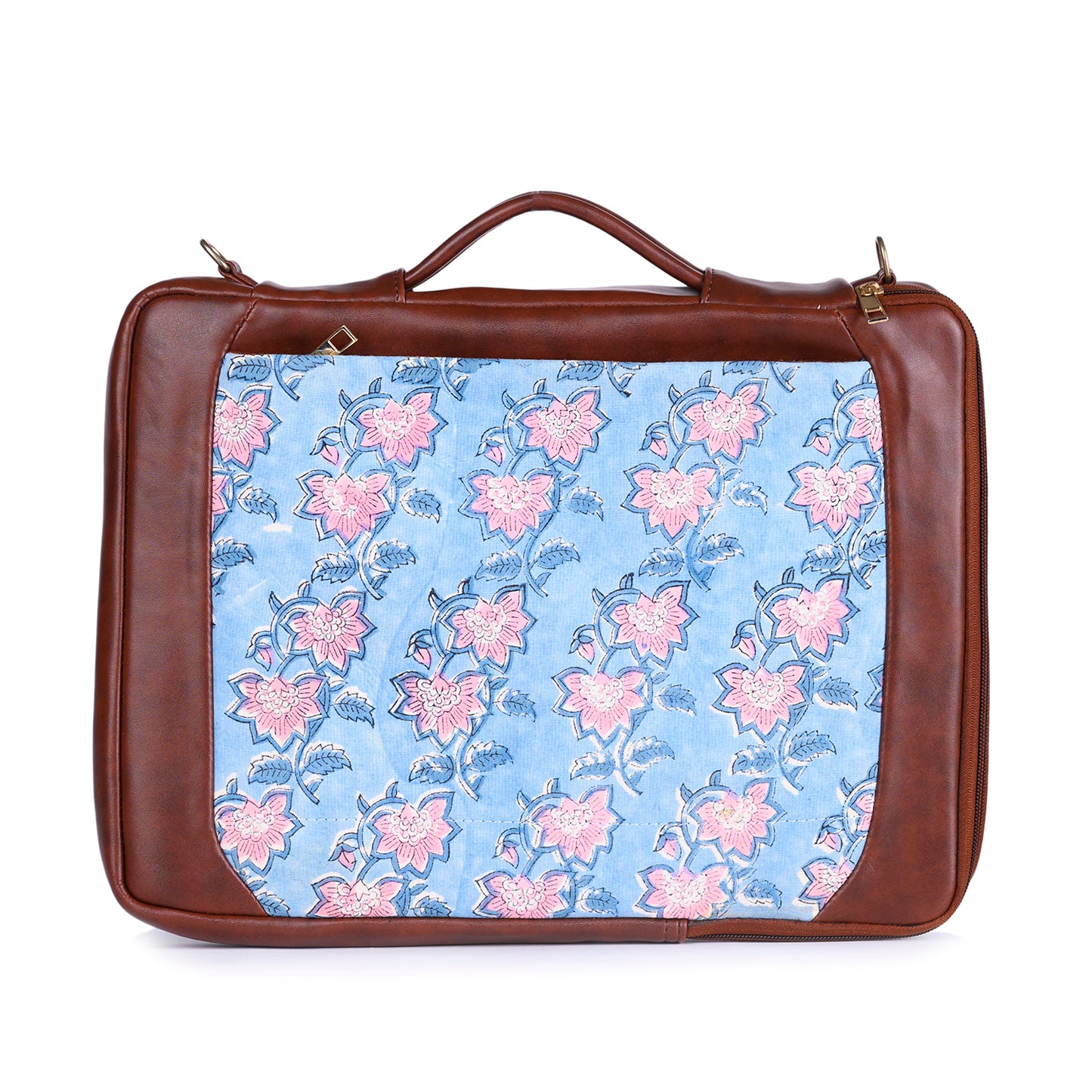 FLOATING WATER LILY IN OCEAN HAND BLOCK COTTON PRINTED & VEGAN LEATHER LAPTOP SLEEVE BAG 13″