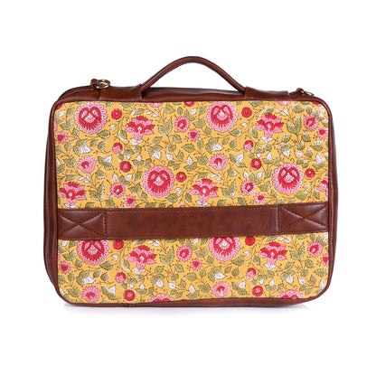 BLOSSOMING ROSES IN BASANT HAND BLOCK PRINTED & VEGAN LEATHER LAPTOP SLEEVE BAG 13″