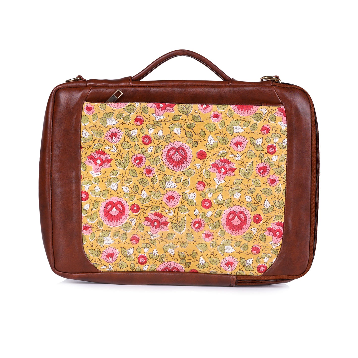 BLOSSOMING ROSES IN BASANT HAND BLOCK PRINTED & VEGAN LEATHER LAPTOP SLEEVE BAG 13″
