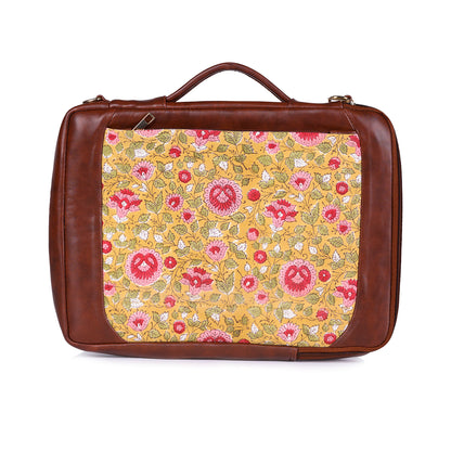 BLOSSOMING ROSES IN BASANT HAND BLOCK PRINTED & VEGAN LEATHER LAPTOP SLEEVE BAG 13″