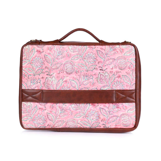 OPIUM POPPY JAAL_ HAND BLOCK COTTON PRINTED & VEGAN LEATHER  PINK LAPTOP SLEEVE 13″